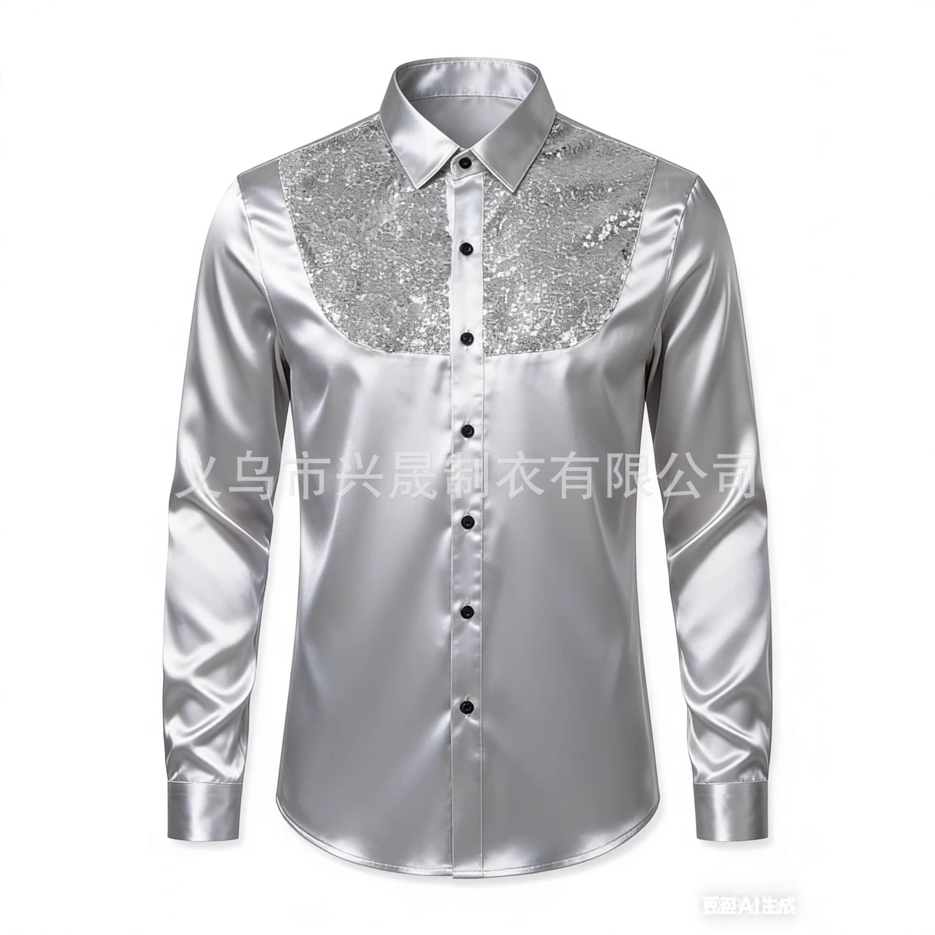 Amazon Men's Shirt Sequined Performance Nightclub Men's Clothing Host Master of Ceremony Cross-border Men's Lapel Long Sleeve Shirt