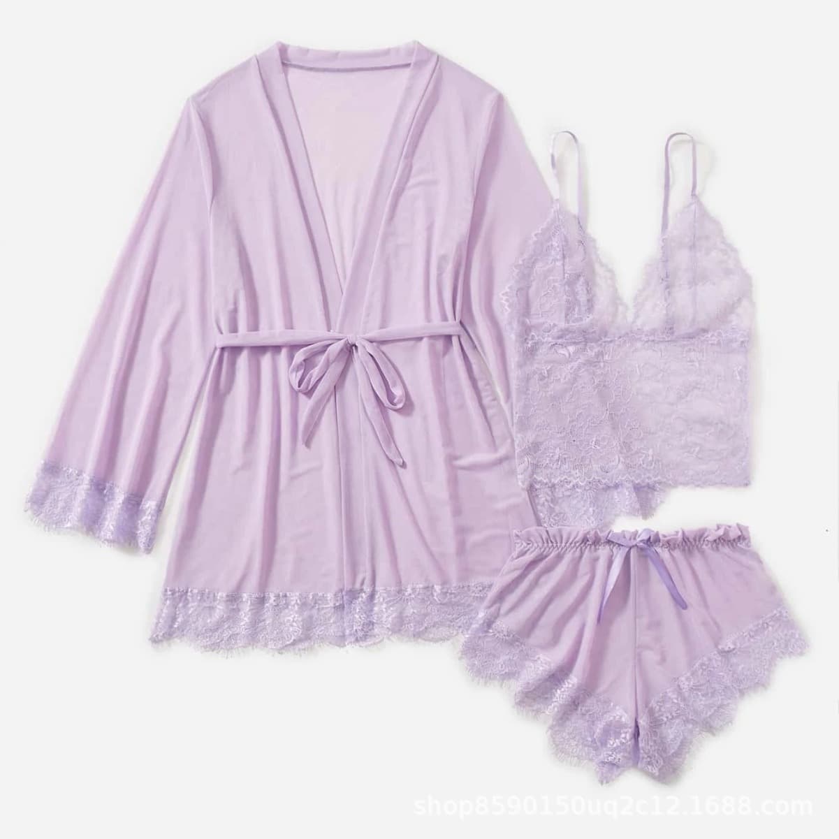 New Cross-Border European and American Women's Pajama Set Lace Camisole Women's Summer Set with Robe Factory Direct Wholesale