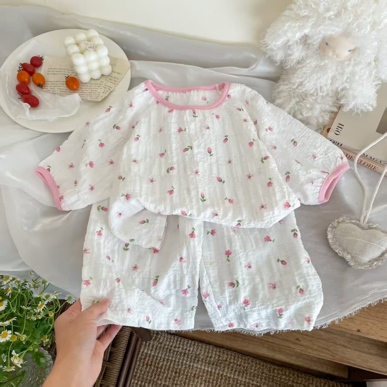 Kids Short Sleeve Set Thin New Girls Summer Pajamas Homewear 3/4 Sleeve Air Conditioning Two-Piece Set for Girls Baby