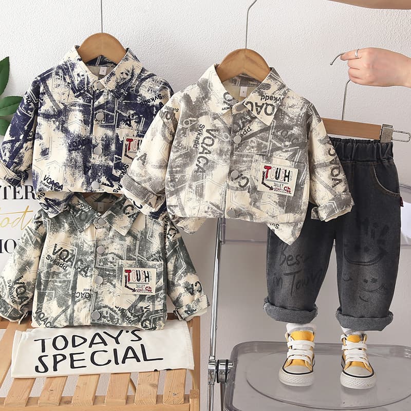 2026 New Boys Spring and Autumn Suit Children's Tie-Dye Letter Long Sleeve Two-piece Set Baby Spring and Autumn Clothing Trendy Wholesale