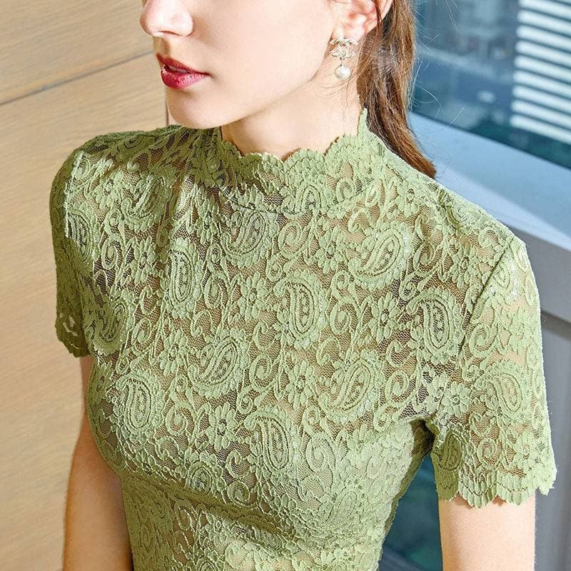 Lace Short Sleeve Top for Women Summer Fashionable Small Stand Collar Hollow Out Thin Mesh Inner Lace Trim Half High Neck Base Layer
