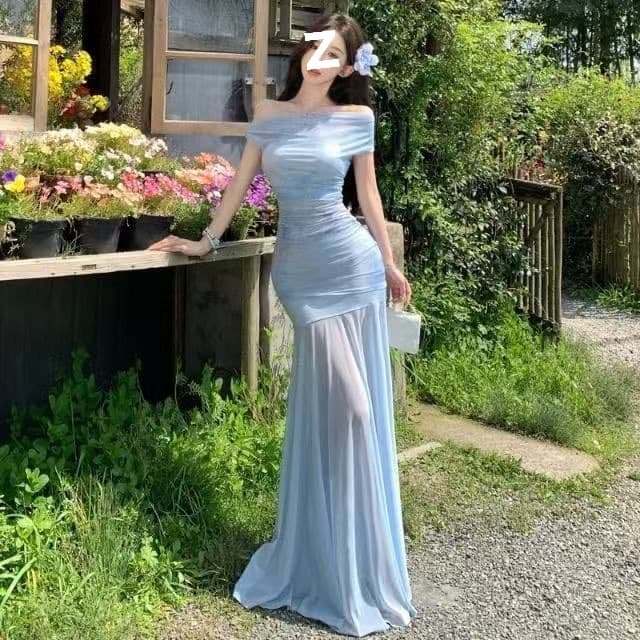 [Two-Piece Set Original Fabric] Beautiful Blue Tie-Dye One-Shoulder Mesh Overlay Slim Fishtail Dress