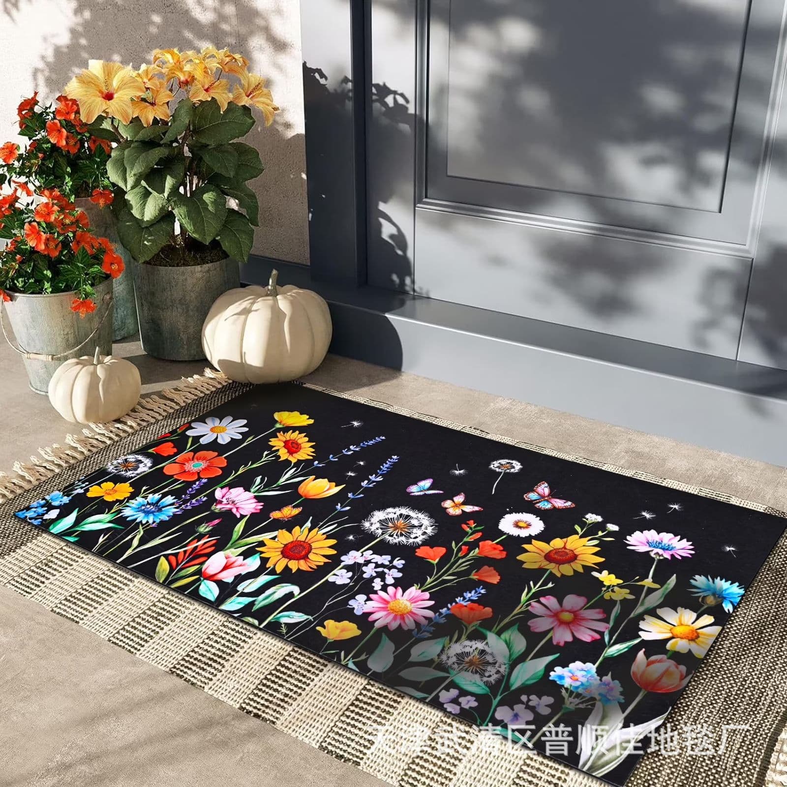 Oil Painting Floral Doormat Entryway Rug Bathroom Absorbent Mat Diatom Mud Foot Mat Black Plant