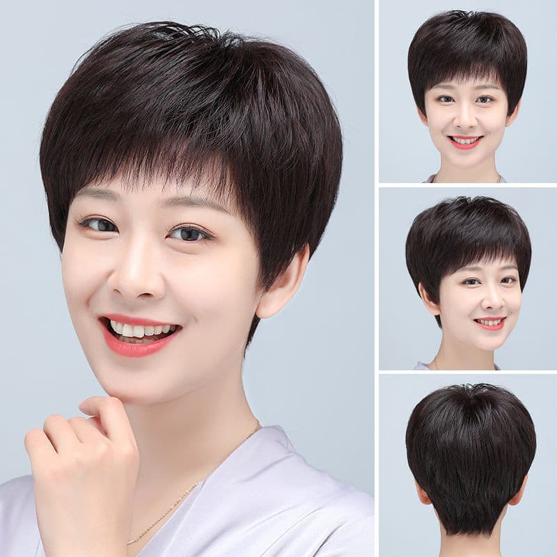 Short Straight Hair Full Real Human Hair Wig Natural Anti-Aging for Middle-Aged And Elderly Women Mom Natural Looking Wig