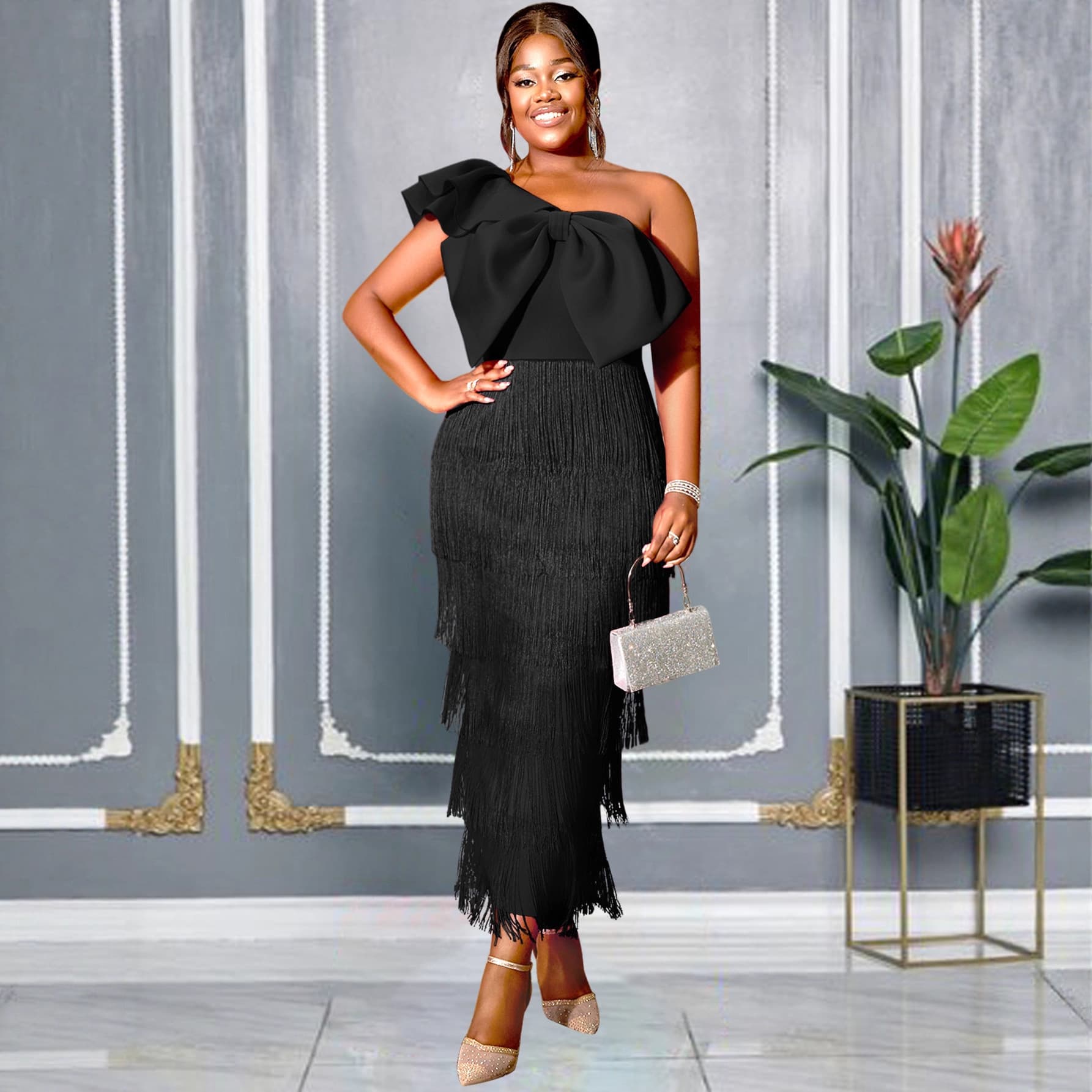 Plus Size Women's Black One-Shoulder Dress with Large Bow and Fringe, Slimming and Fashionable Evening Gown