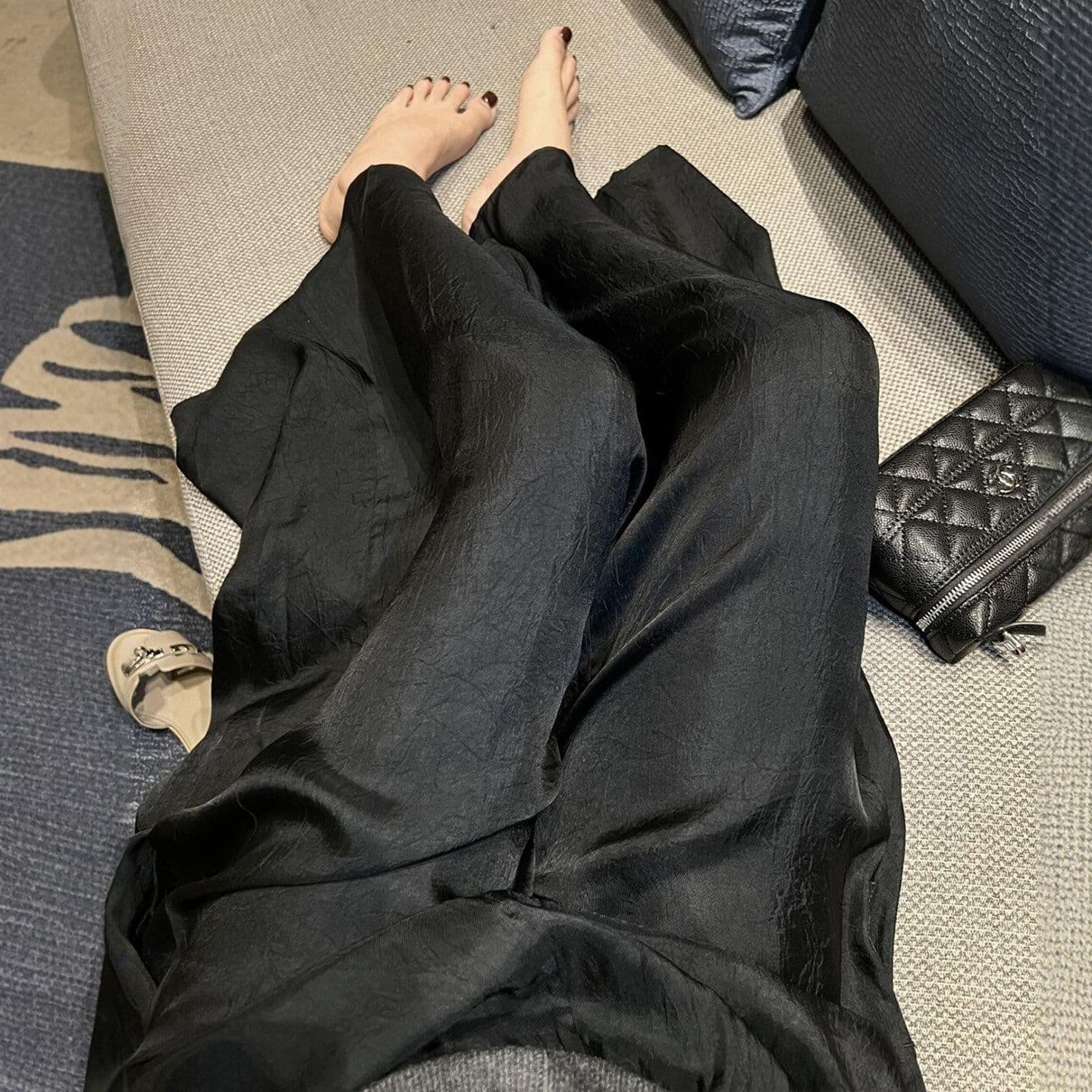 Summer Lightweight Black Old Money Style Ice Silk Wide Leg Acetate Pants Plus Size Slimming Pants
