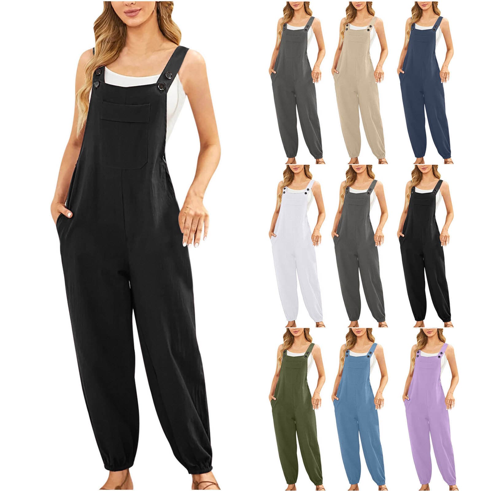 2024 Summer New Cross-Border Women's Cotton Linen Jumpsuit Pocket Overalls Amazon Casual Skinny Ankle Pants