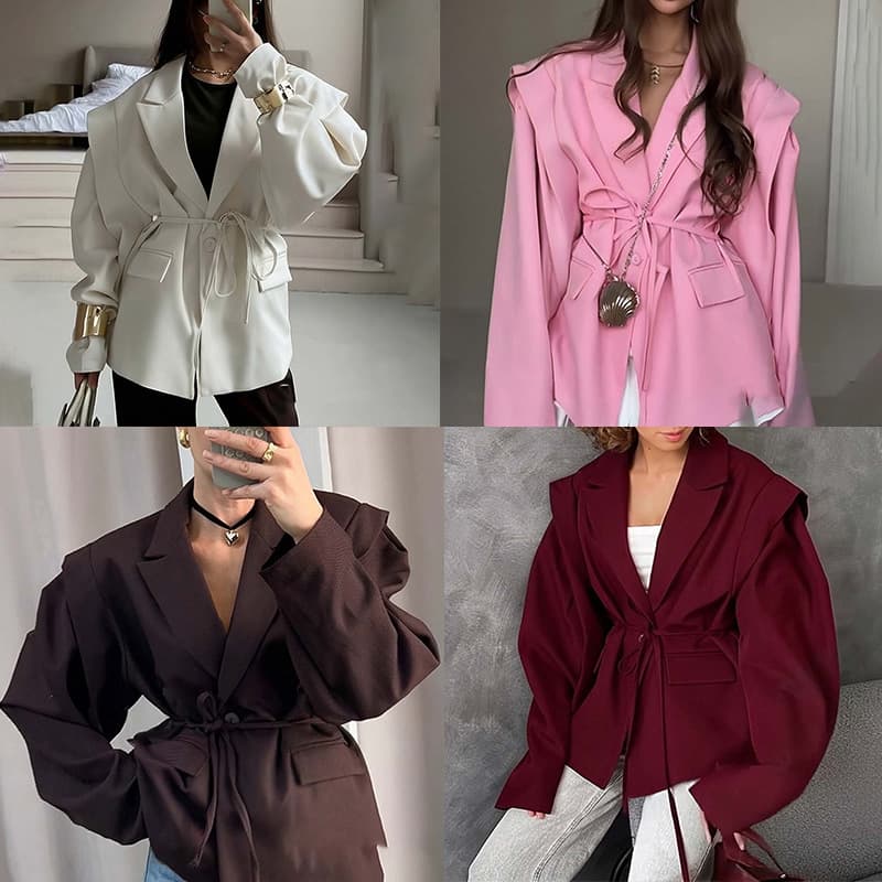 2026 Summer New Cross-border European and American Foreign Trade Women's Clothing Elegant Commuting Solid Color Lace-up Suit Collar Summer Jacket