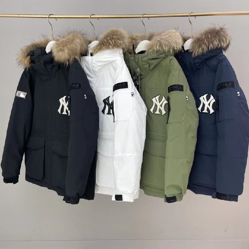 Putian Pure Original MLB Workwear Padded Coat NY Yankees Large Fur Collar Mid-Length Men and Women's Parka Jacket Wholesale