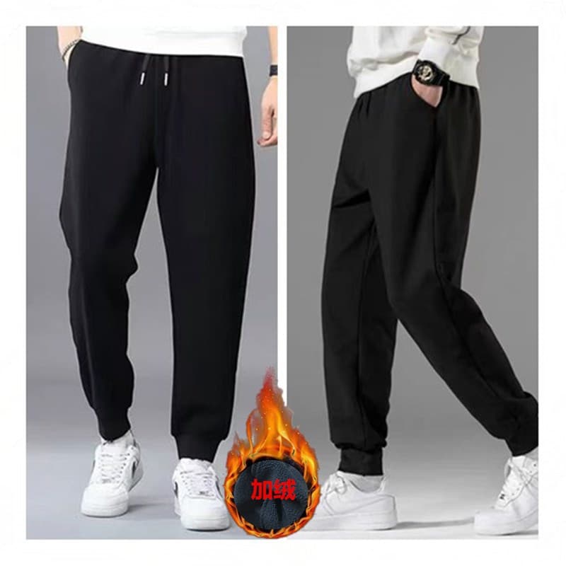 2025 Autumn/Winter Sport Sweatpants Men Winter Versatile Cuffed Knit Black Fleece-Lined Thickened Casual Long Pants