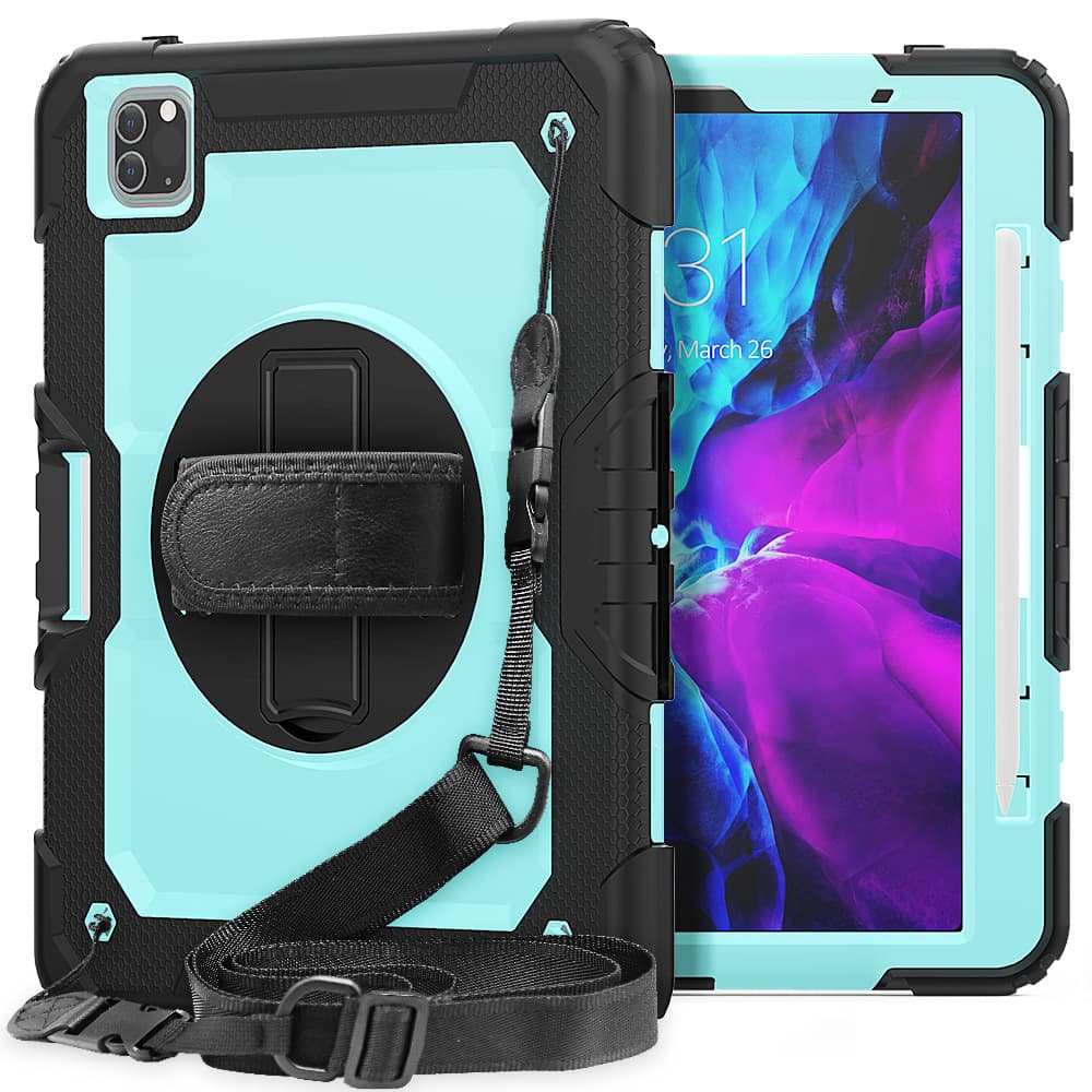 iPad Pro 11/Air 45 with strap for shock protection; Pro 12.9/Air 13 rotating PC stand protective case.
