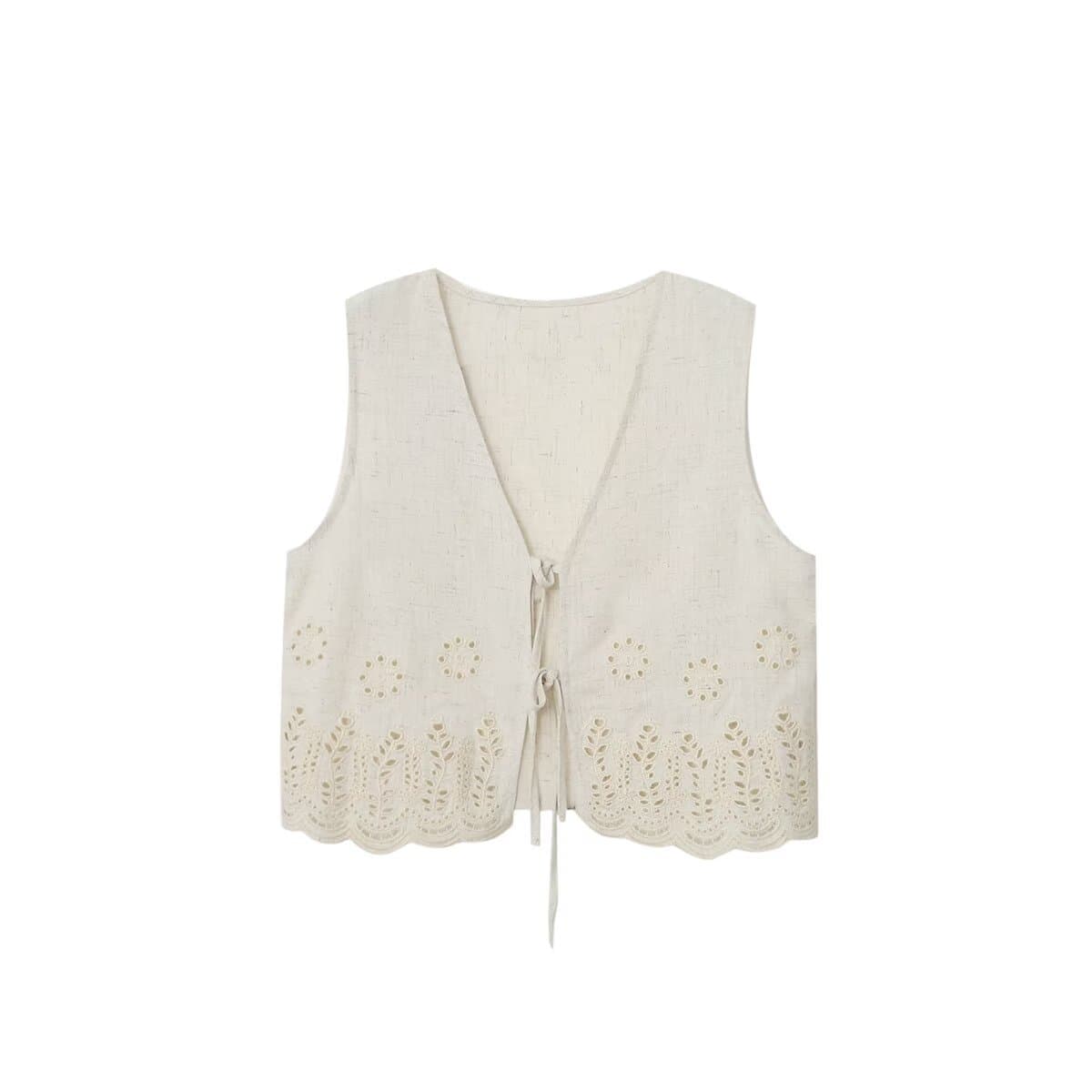 2025 Summer New Old Money Style Women's High-End Hollow Embroidery Linen Blend Vest 6318044 712
