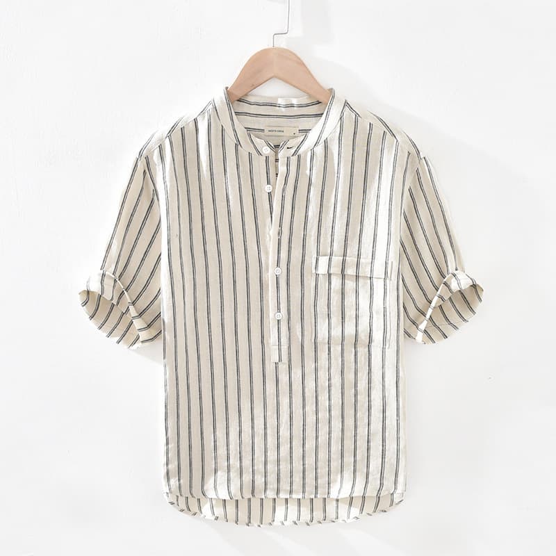 Striped Japanese-style short-sleeve shirt for men, trendy summer loose thin stand-collar pullover shirt T-shirt fashion