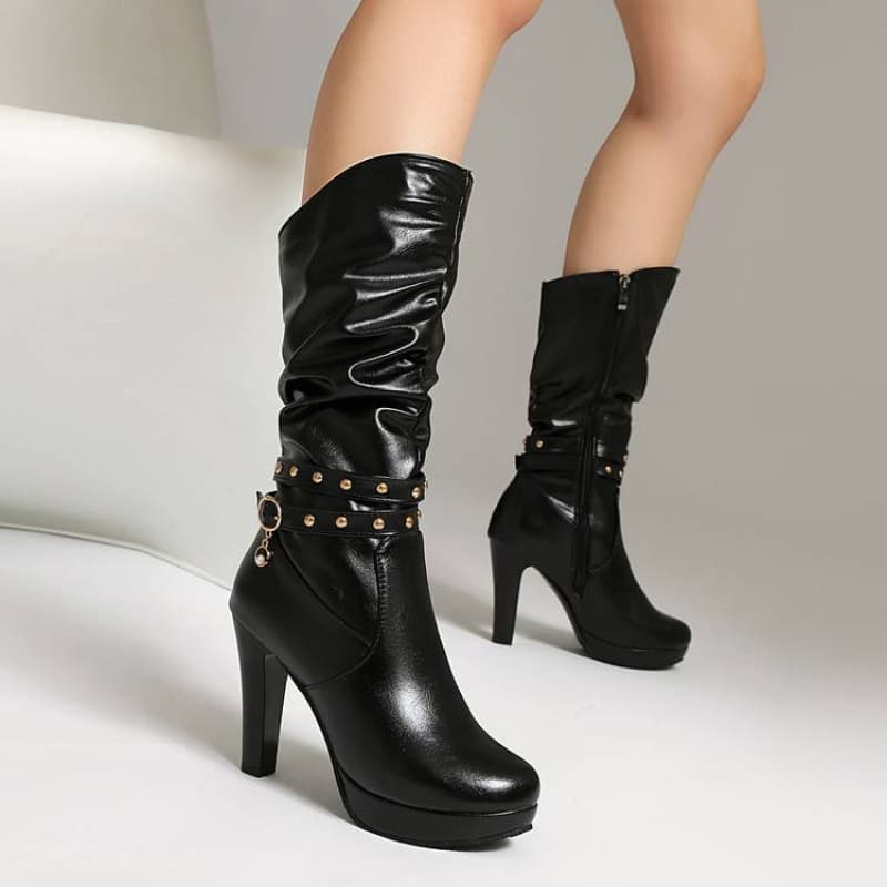Women's Chunky Heel Side Zipper Boots for Fall/Winter, Versatile High-Top Round Toe Black, Extra High Heel, Large Size Shoes for Cross-Border
