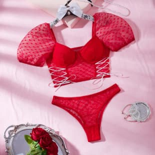 New Cross-Border European-American Red Valentine's Day Lingerie Set for Women, Heart Mesh Shapewear Puff Sleeve Crop Top Set