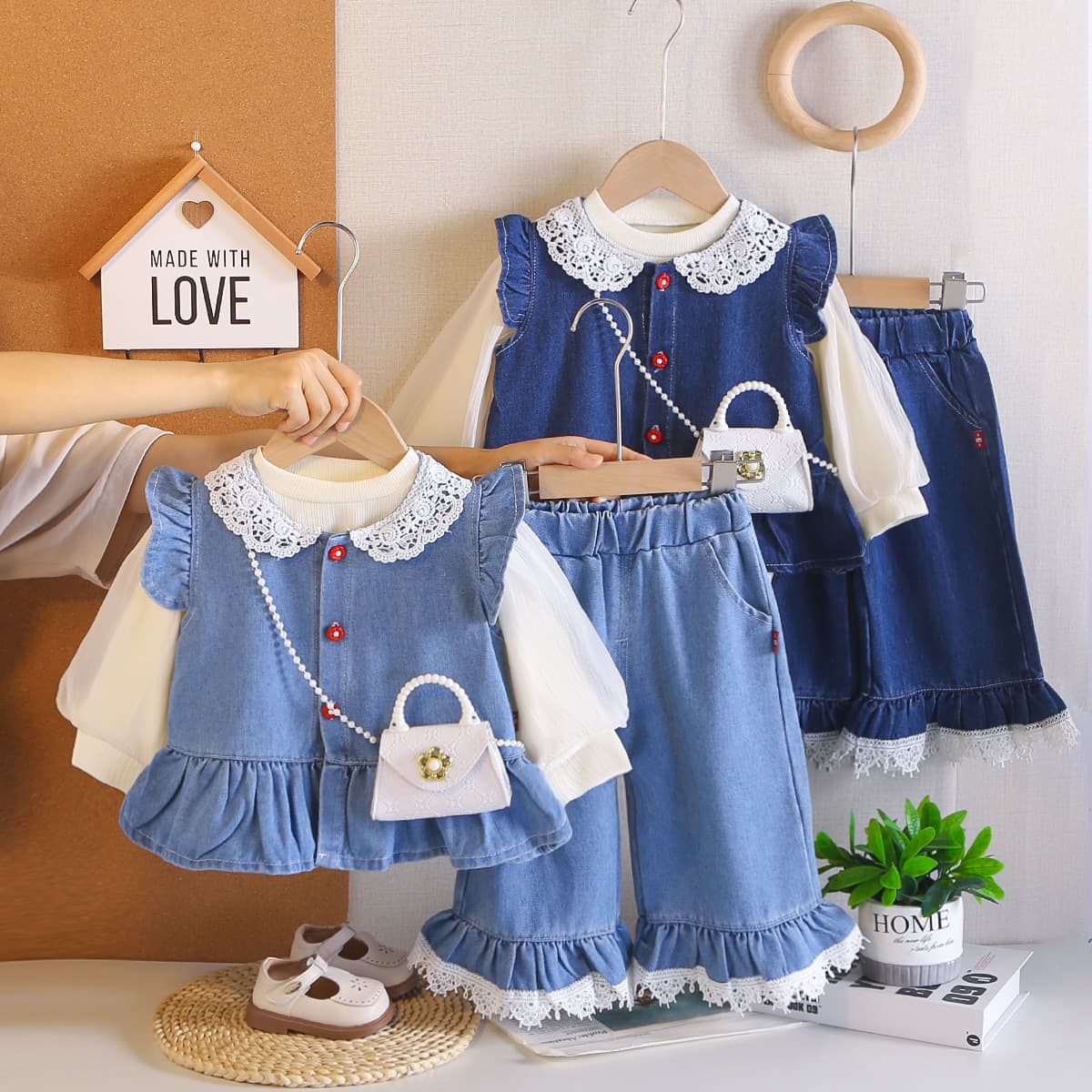 Fashion Girls' Autumn Clothing 2026 Spring/Autumn New Stylish Little Girl Denim Vest Three-Piece Set Sweet Baby Girls' Outfit