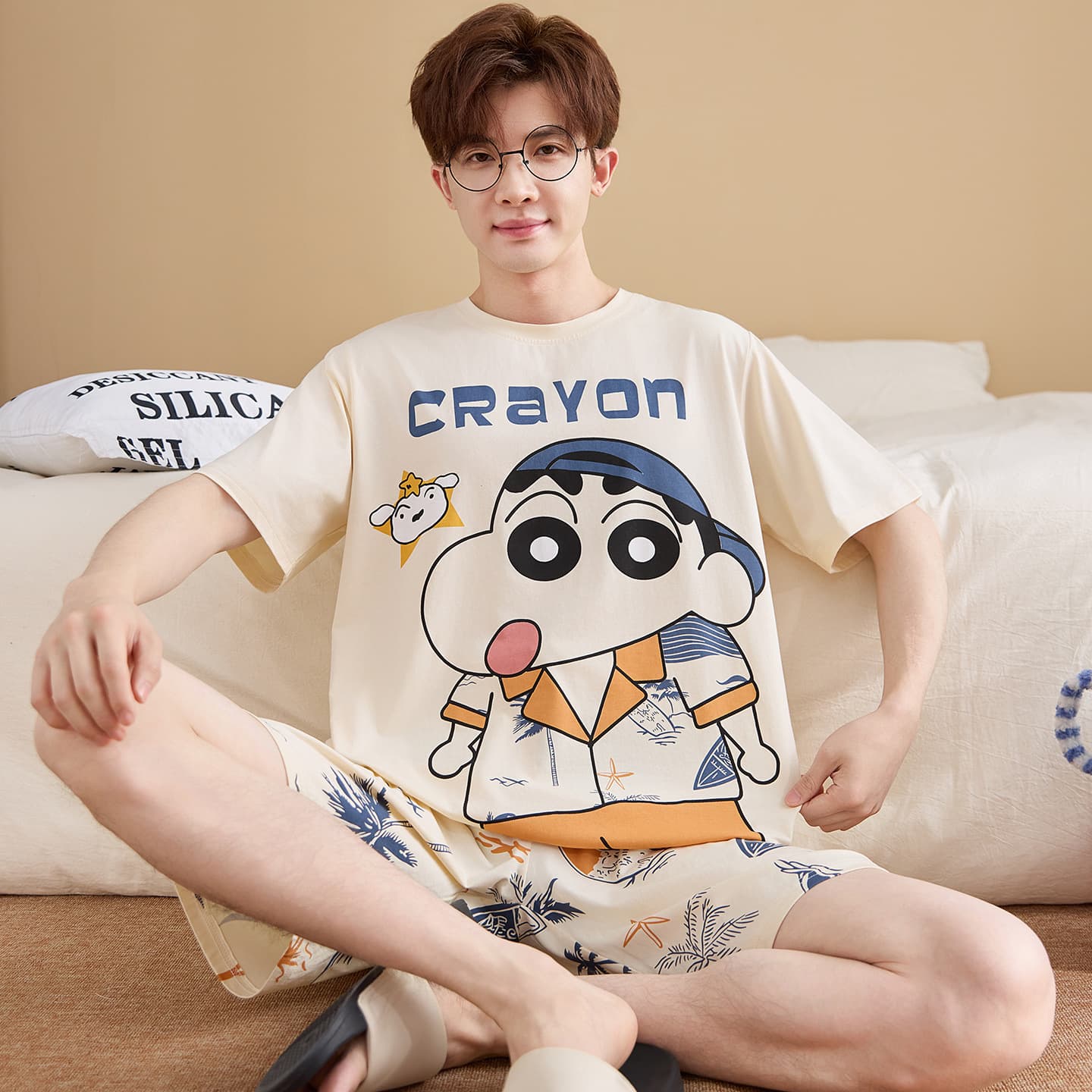 Men's Pajamas Summer Short Sleeve Thin Cartoon Modal Teen Men Plus Size Summer Loungewear Set