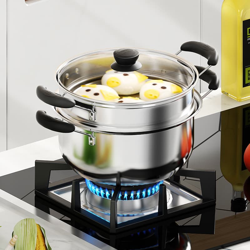 Douyin Electric Wood Handle Double-Ear Pot with Steamer Lid, Stainless Steel Small Steamer, Non-Coated Soup Pot for Drop Shipping