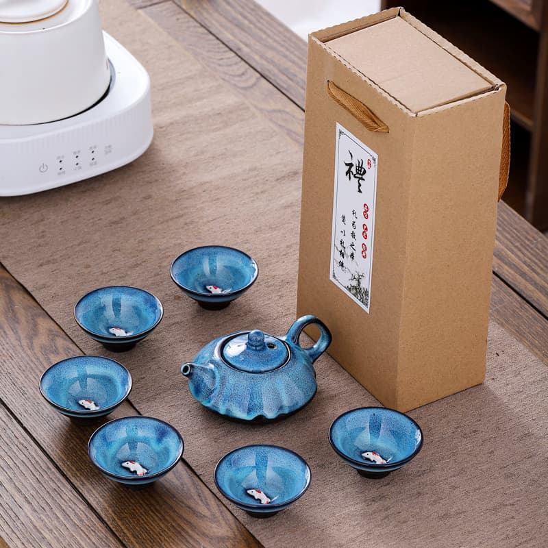 Kiln-transformed Ceramic Portable Travel Gongfu Tea Set, 1-pot-4-cups Corporate Event Gift with Logo
