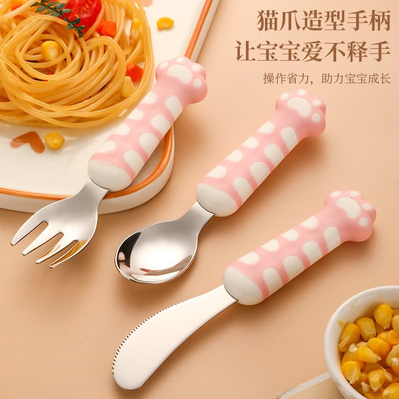 304 Cute Cat Claw 316 Children's Tableware Stainless Steel Knife, Fork, Spoon Portable Set Baby Independent Eating Training