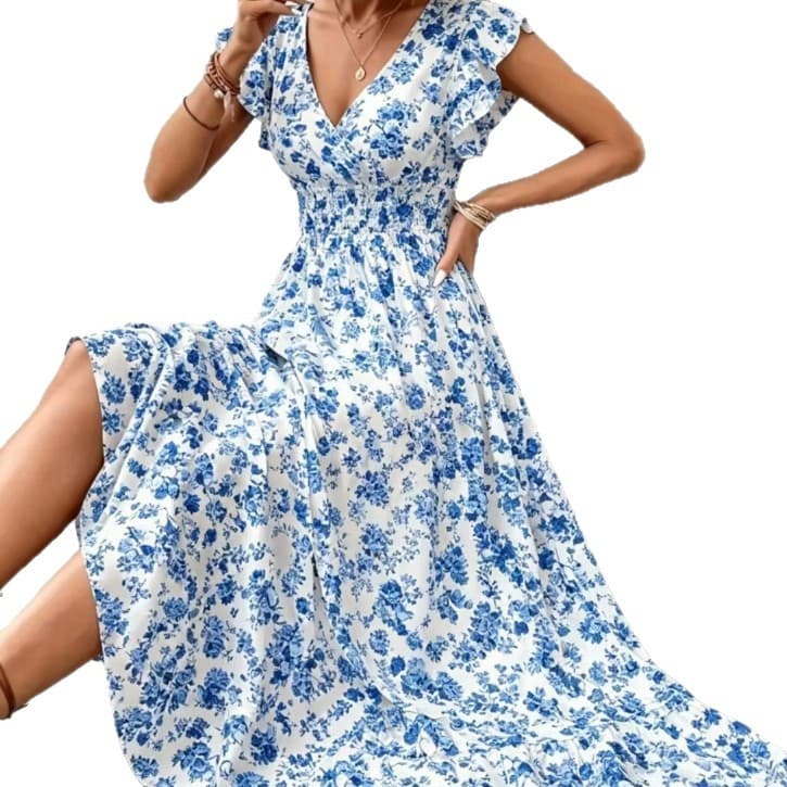 2026 Cross-border Trade Women's Fashion Summer New Floral Long Sleeve Cinched Waist Maxi Dress for Amazon