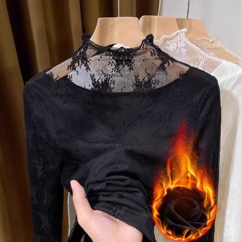 Fashionable Lace Base Top for Women Long Sleeve Autumn/Winter 2024 New Style Unique Slim Fit Fleece-Lined Warm Thermal Underlayer