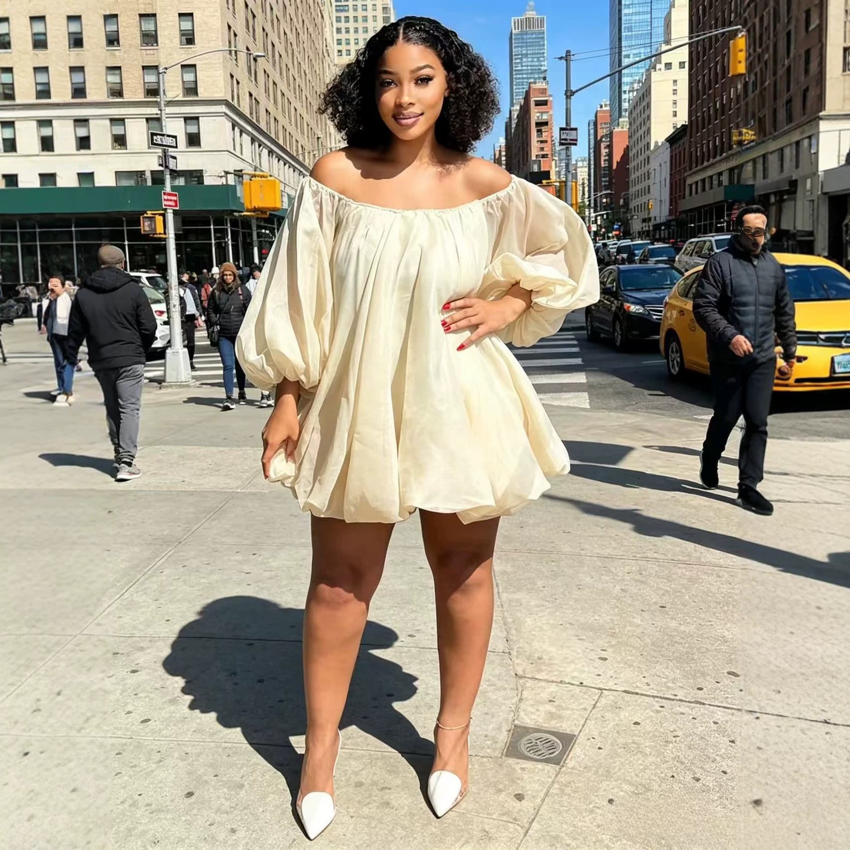 Plus Size Women's Dress for EU/US Cross-Border, Summer Off-Shoulder Puff Sleeve Short Dress, Loose Puffy Formal Gown for Export