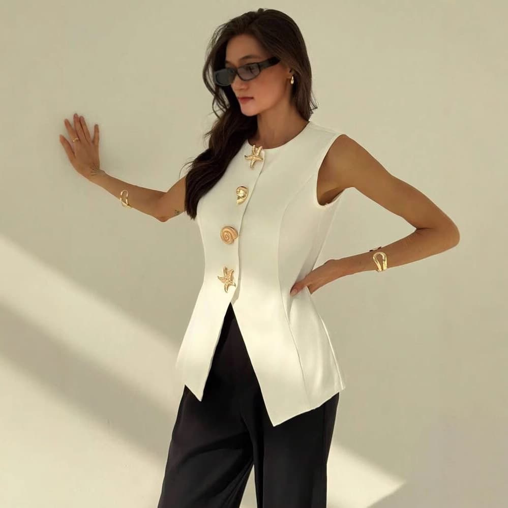 2025 New Cross-Border British Artistic V-Neck Vest Loose Fitting Versatile Waist-Cinching Top for Women