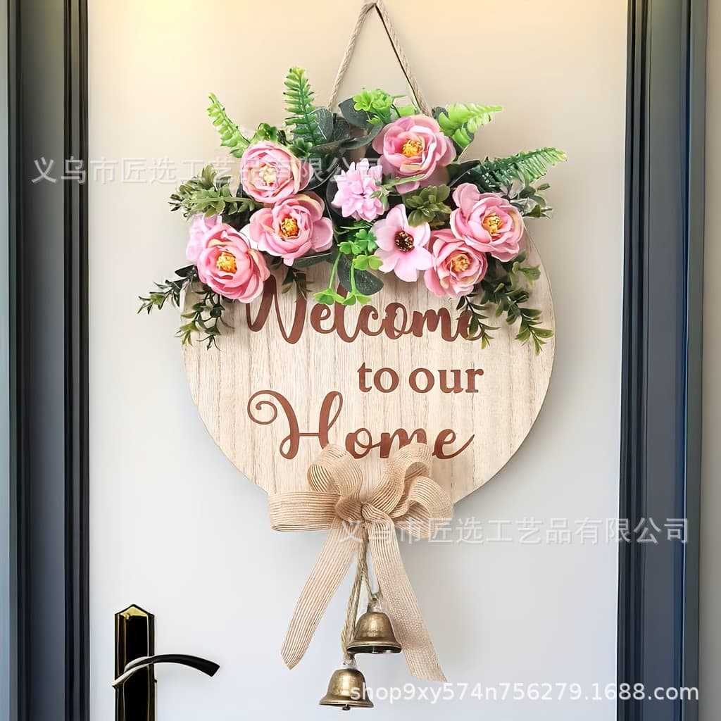 Cross-border New Spring Summer 2D Wooden Door Sign Wreath Welcome Decoration Door Hanger Holiday Cross-border Decorative Ornament Pendant