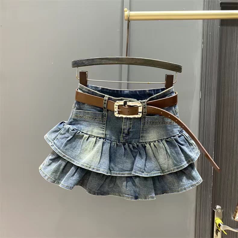 Girls 2026 Spring Summer New Denim Short Skirt Korean Ruffle Cake Skirt Elastic Stretch Waist A-Line Half Skirt