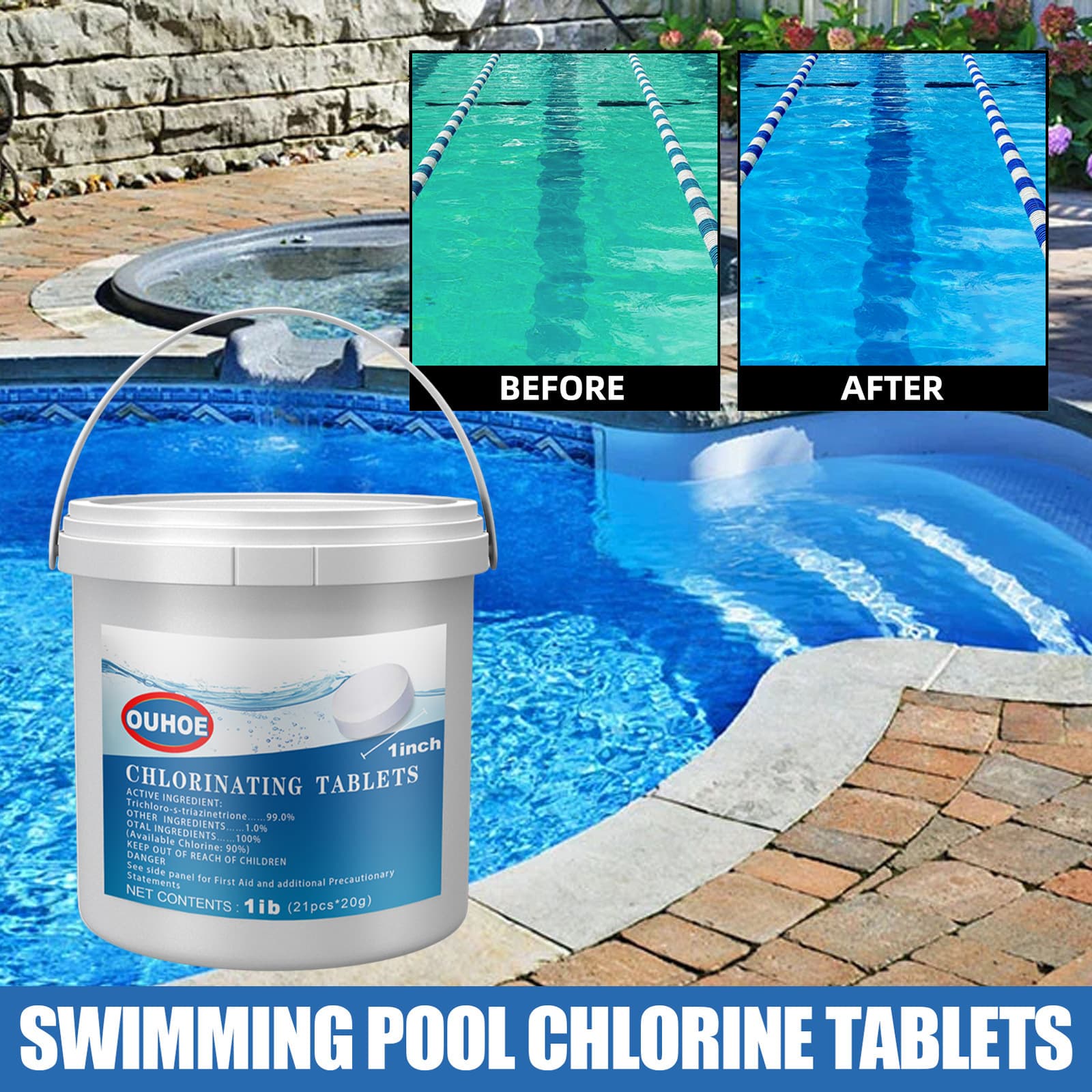 OUHOE Pool Cleaning Effervescent Tablets Multi-Functional Pool Cleaner Tablets Bucket Pack