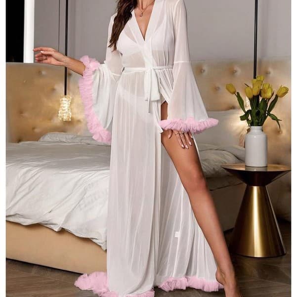 New Cross-Border Women's Summer Sexy Lace Sheer Long Robe Loungewear 1576