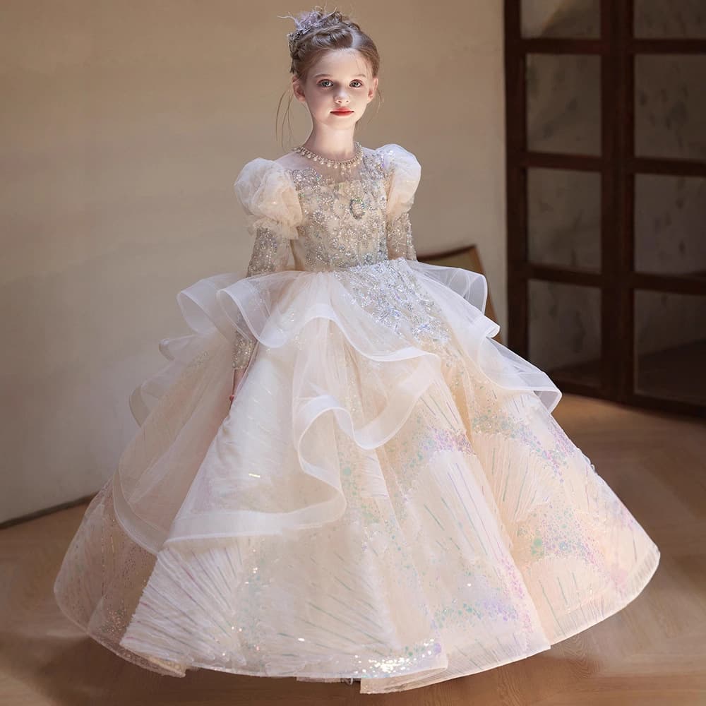 Girls High-End Princess Dress Wedding Flower Girl Gown Children's Host Performance White Piano Recital Outfit