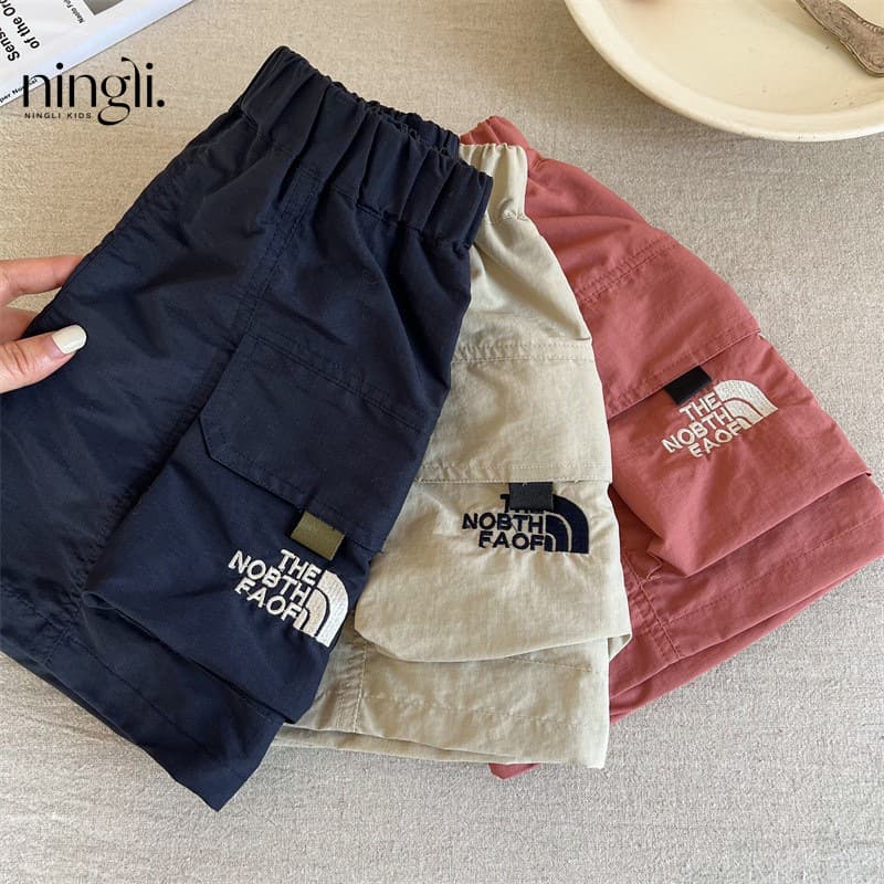 Ningli Children's Pants 2025 Summer Boys Girls Embroidered Cargo Shorts Baby Japanese Trend Letter Five-Point Pants