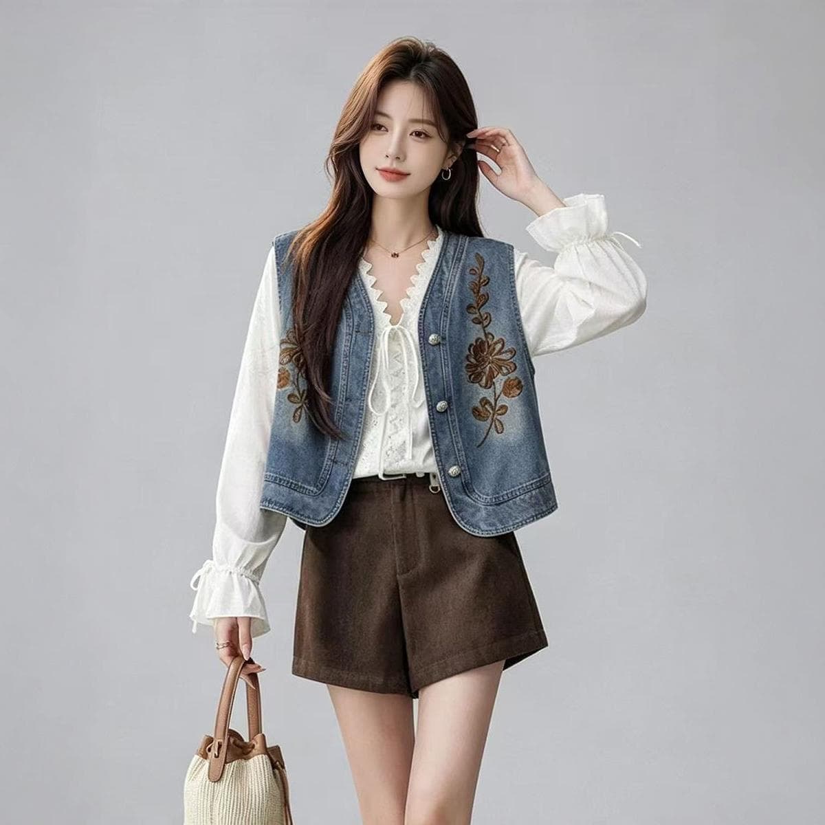 Vintage Washed Embroidered Denim Vest for Women 2026 Summer New Arrival Petite Layering Sleeveless Jacket