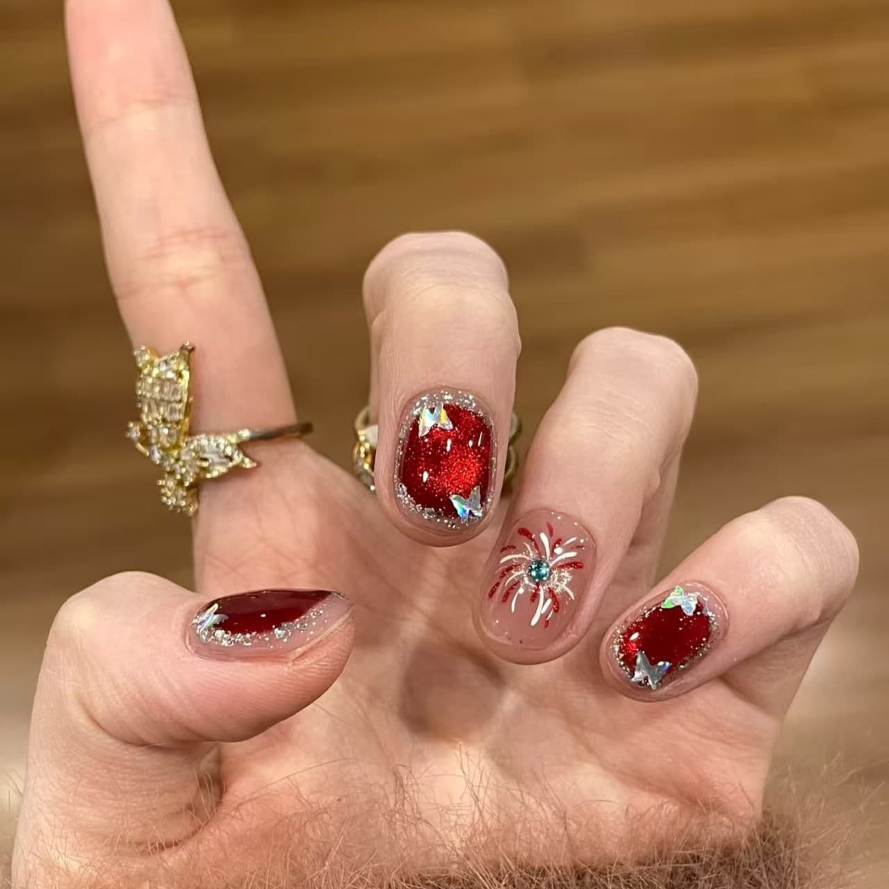 New Year Fashion Trendy Autumn/Winter Ruby Cat Eye Firework Butterfly Handmade Press-On Nails Boxed Finished Product