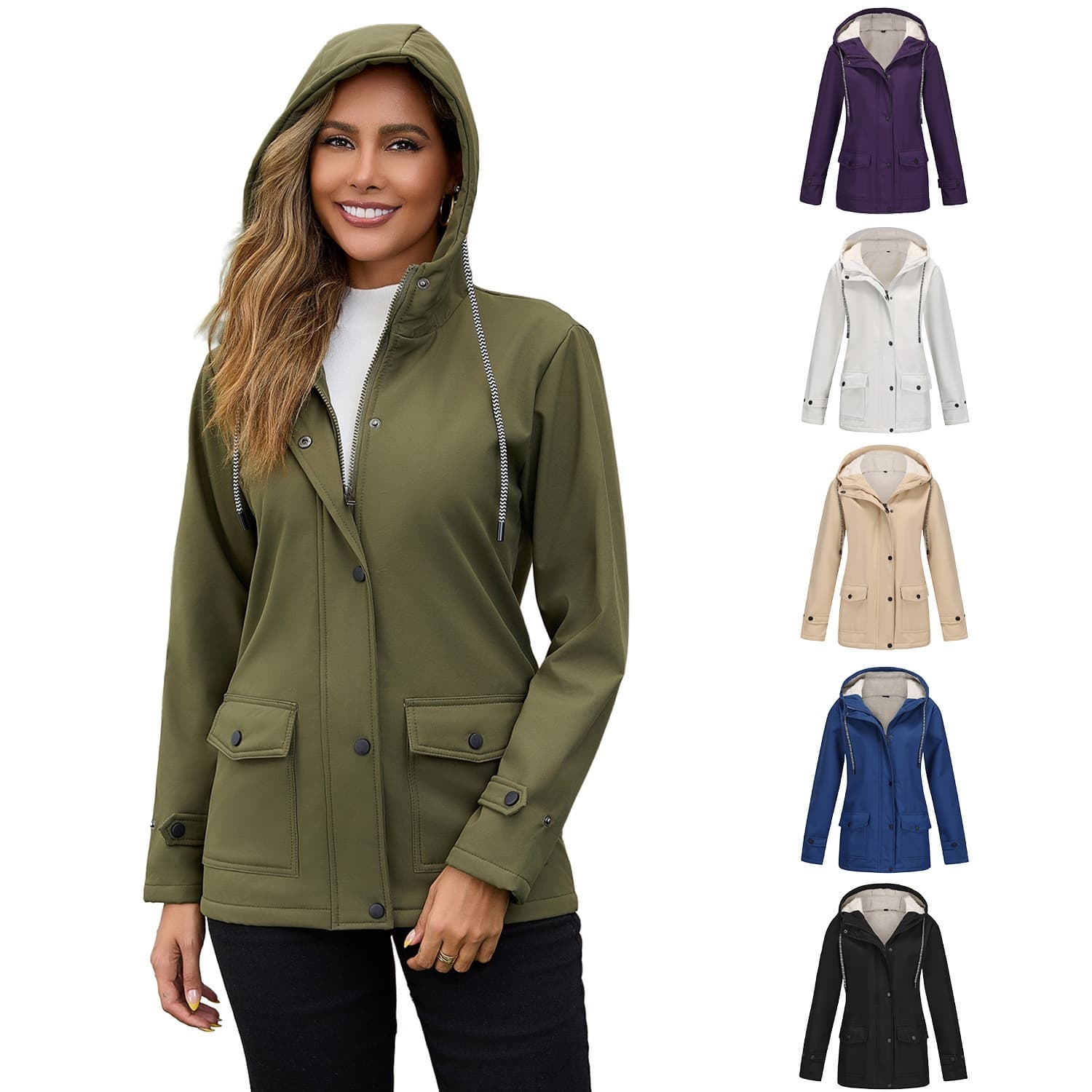 2025 New Women's Spring and Autumn Hooded Trench Coat Composite Fleece Lined Water-repellent Outerwear European and American Size Long Sleeve Zip-up Cardigan