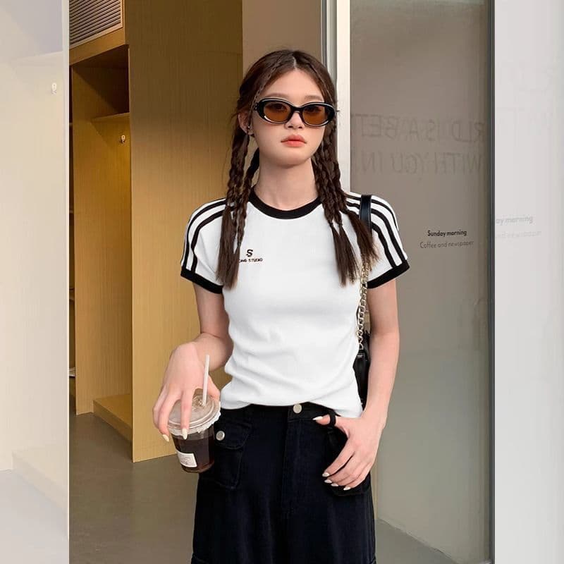 2025 Summer New Women's Short Sleeve T-Shirt Top Color Block Printing Korean Style Base Layer Cross-Border Supply Women's Clothing