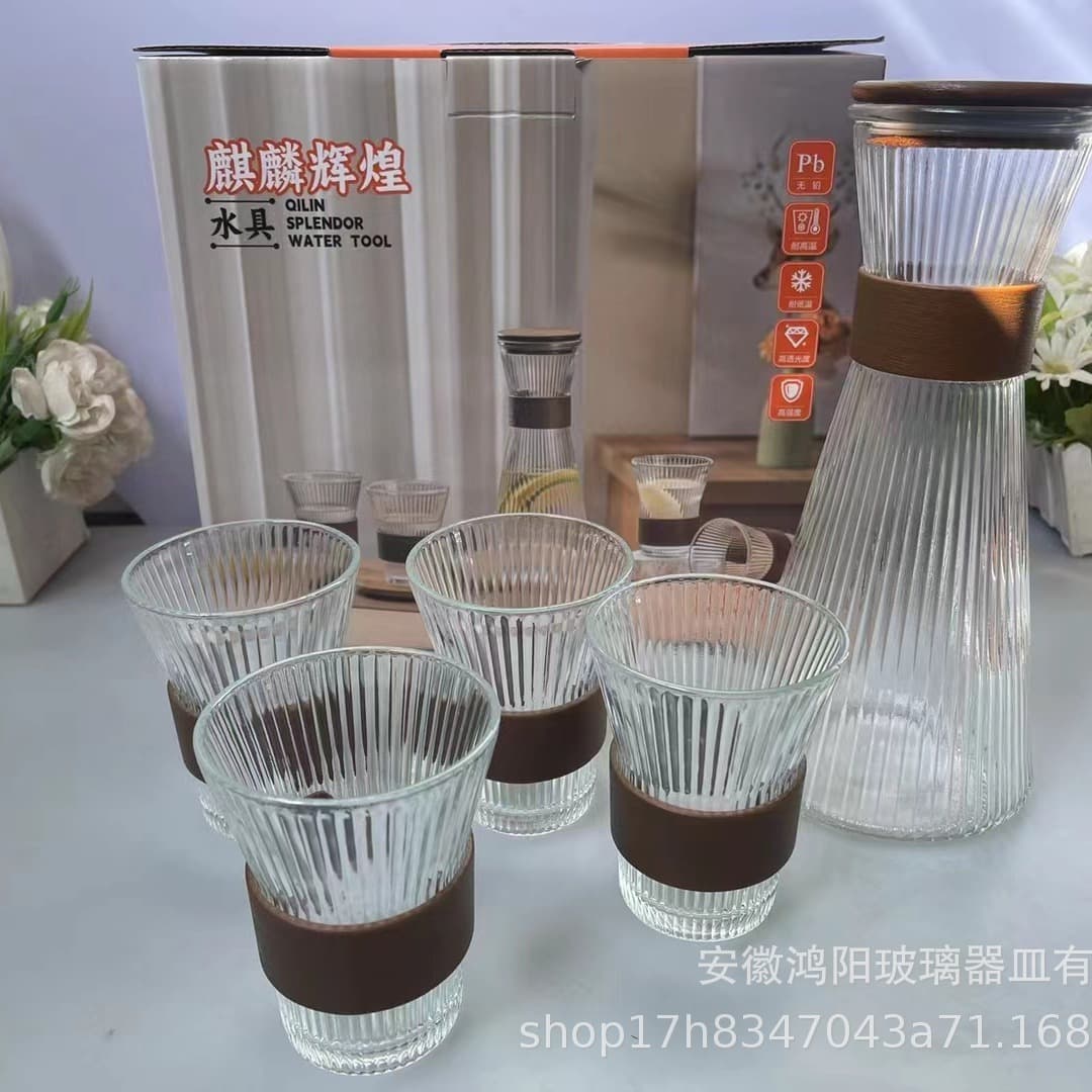 Niche New Chinese Style Household Slim Waist Vertical Striped Glass Cup and Jug Set, Cold Water Pitcher
