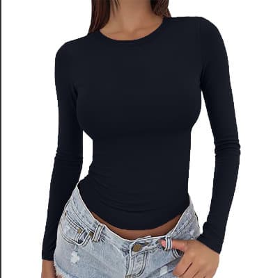 2025 Europe and America Cross-border Women's Slim Fit Solid Color Round Neck Autumn Winter Long Sleeve Sexy Versatile Basic Top T-shirt