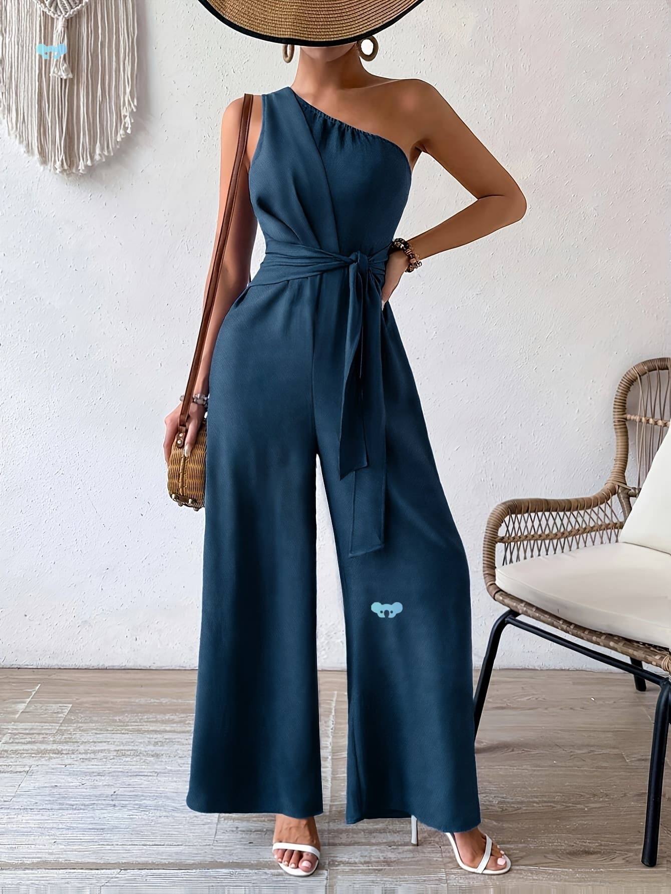 Women's One Shoulder Plain Belted Jumpsuit Casual Lace-Up Jumpsuit