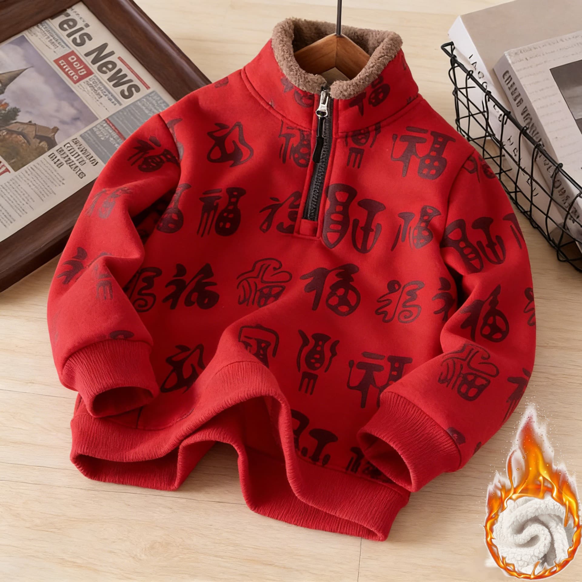 New Year Children's Red Chinese New Year Outfit Boys' Zodiac Year Hoodie Mid-Large Kids Winter Fleece Top