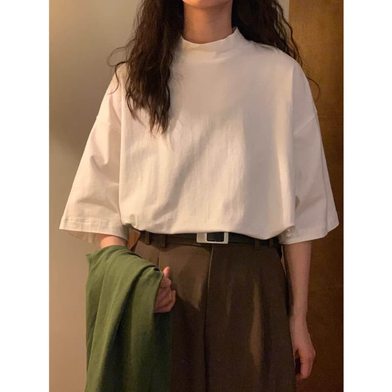 Fat MM large size summer new loose American retro white half turtleneck pure cotton short-sleeved T-shirt women's half-sleeved top