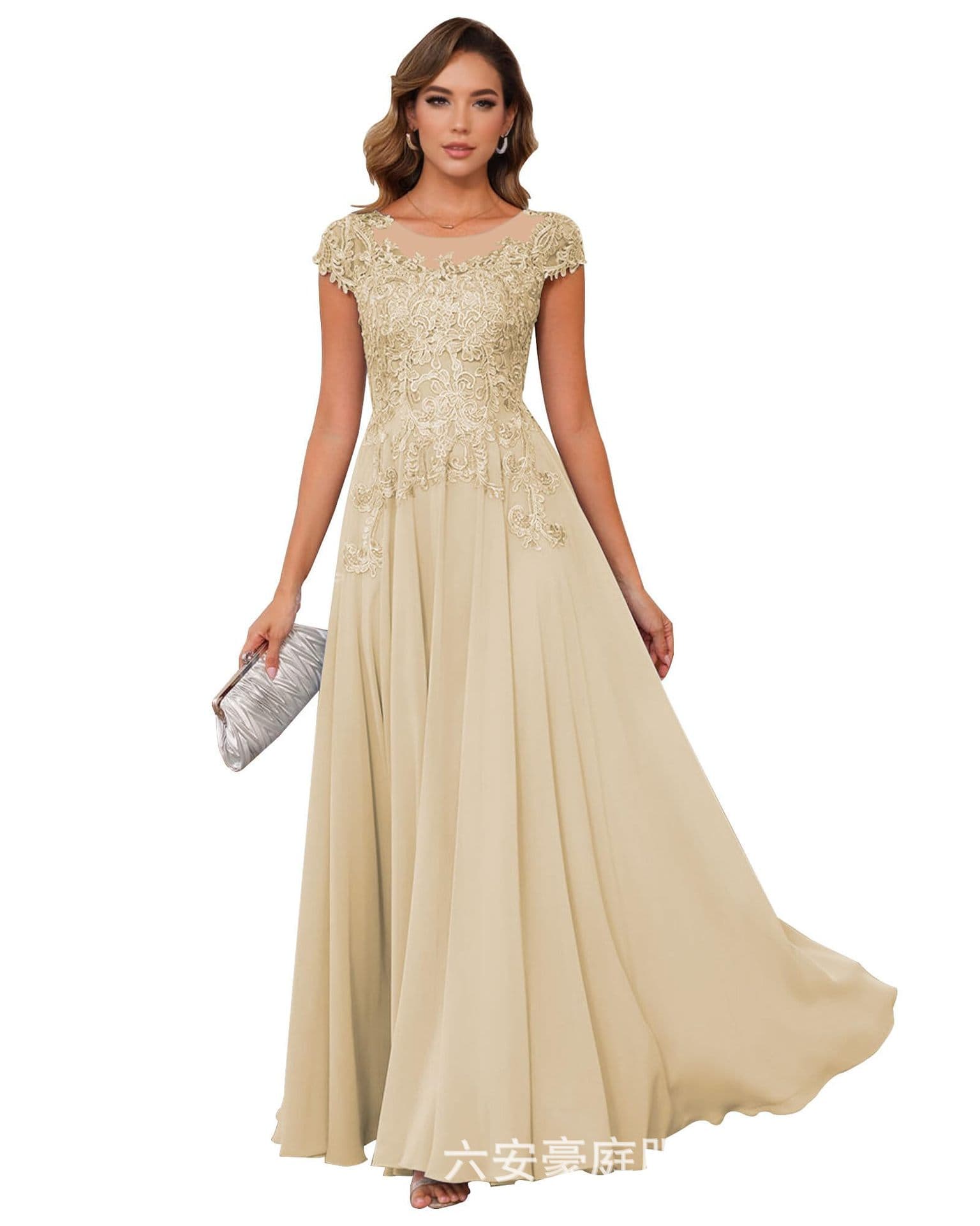 European and American Cross-Border Banquet Long Dress Lace Chiffon Floor-Length Gown for Wedding Mother's Wear, Annual Meeting Performance Costume, Plus Size