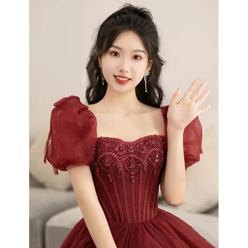 2026 New Red French Wedding Dress for Bride, Elegant & Daily Wear Long Evening Gown