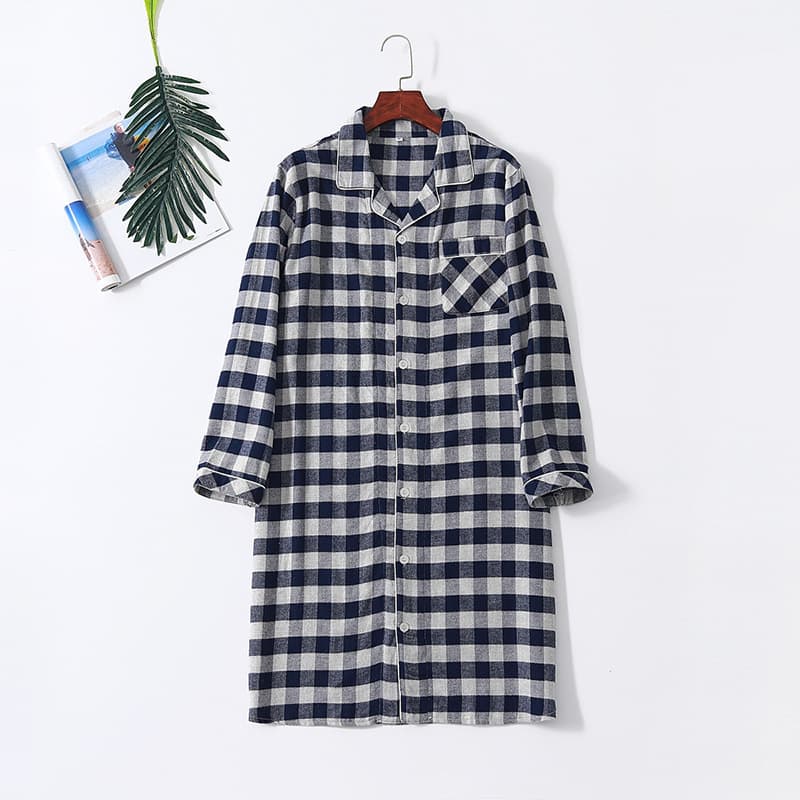 Autumn and Winter Cotton Flannel Men's Plaid Nightgown, Women's Long-Sleeved Nightgown, Couple's Bathrobe, Warm Japanese-Style Home Clothes