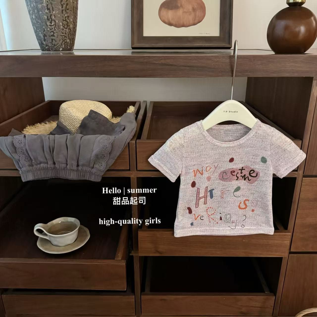 【Dessert Cheese】Original! Baby girl cartoon graffiti fun T-shirt butt curtain gray pants suit trendy
