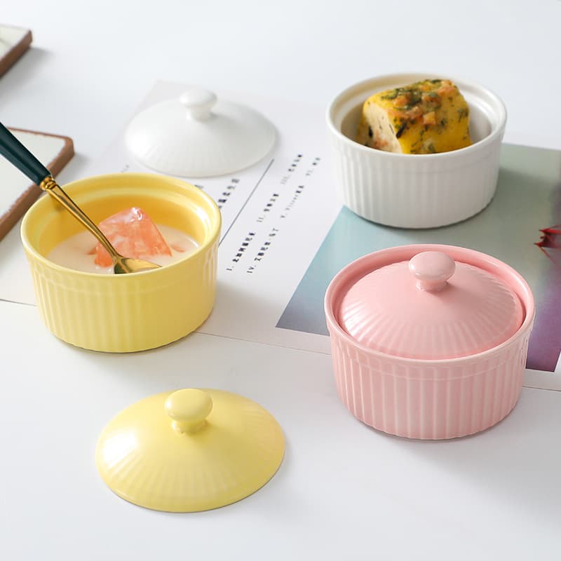Ceramic Souffle Baking Bowl with Lid, Dessert Bowl for Double-Skin Milk, Pudding Bowl, Steamed Egg Bowl, Chili Oil Pickle Bowl