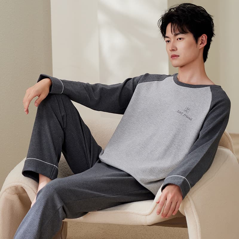 Men's Wearable Pajama Set for Spring and Fall, Long Sleeve, Plus Size, Round Neck, Waffle Knit, Homewear for Men