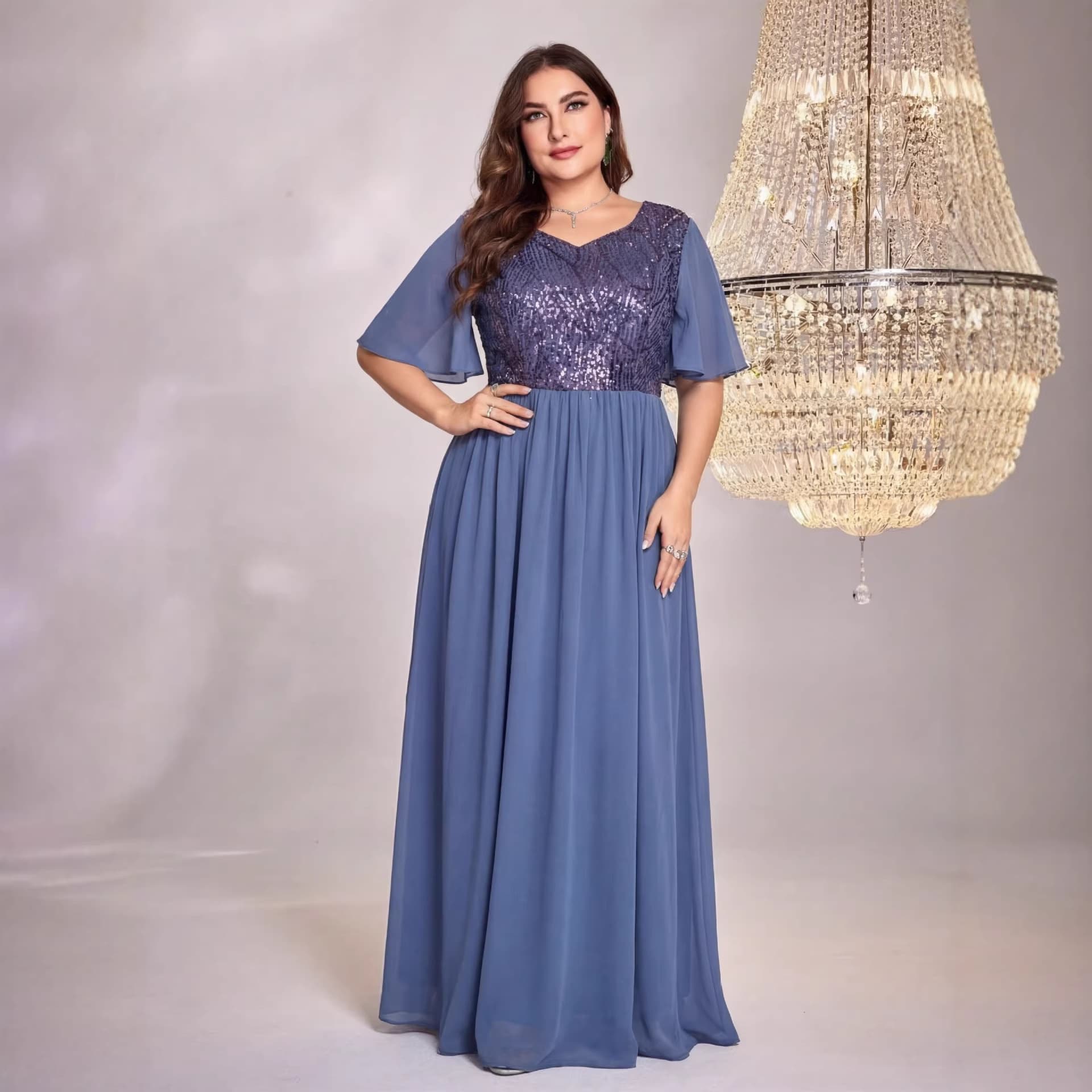 Plus Size Women's Dress for Cross-Border, European and American Style V-Neck Chiffon Sequin Elegant Plus Size Bridesmaid Dress Slim Fit